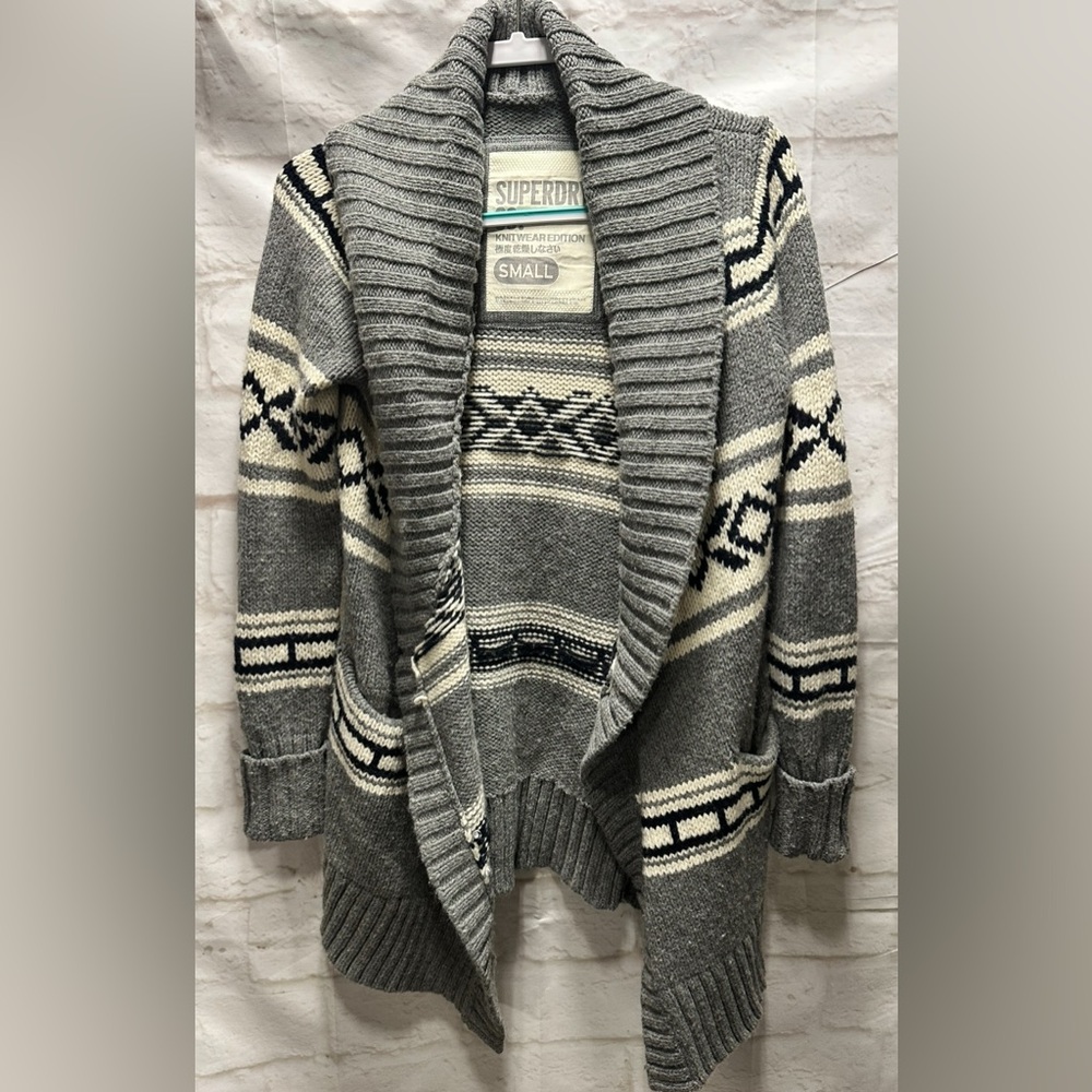 Superdry Mens M Chunky Knit Wool Cardigan Grey Aztec Pattern small